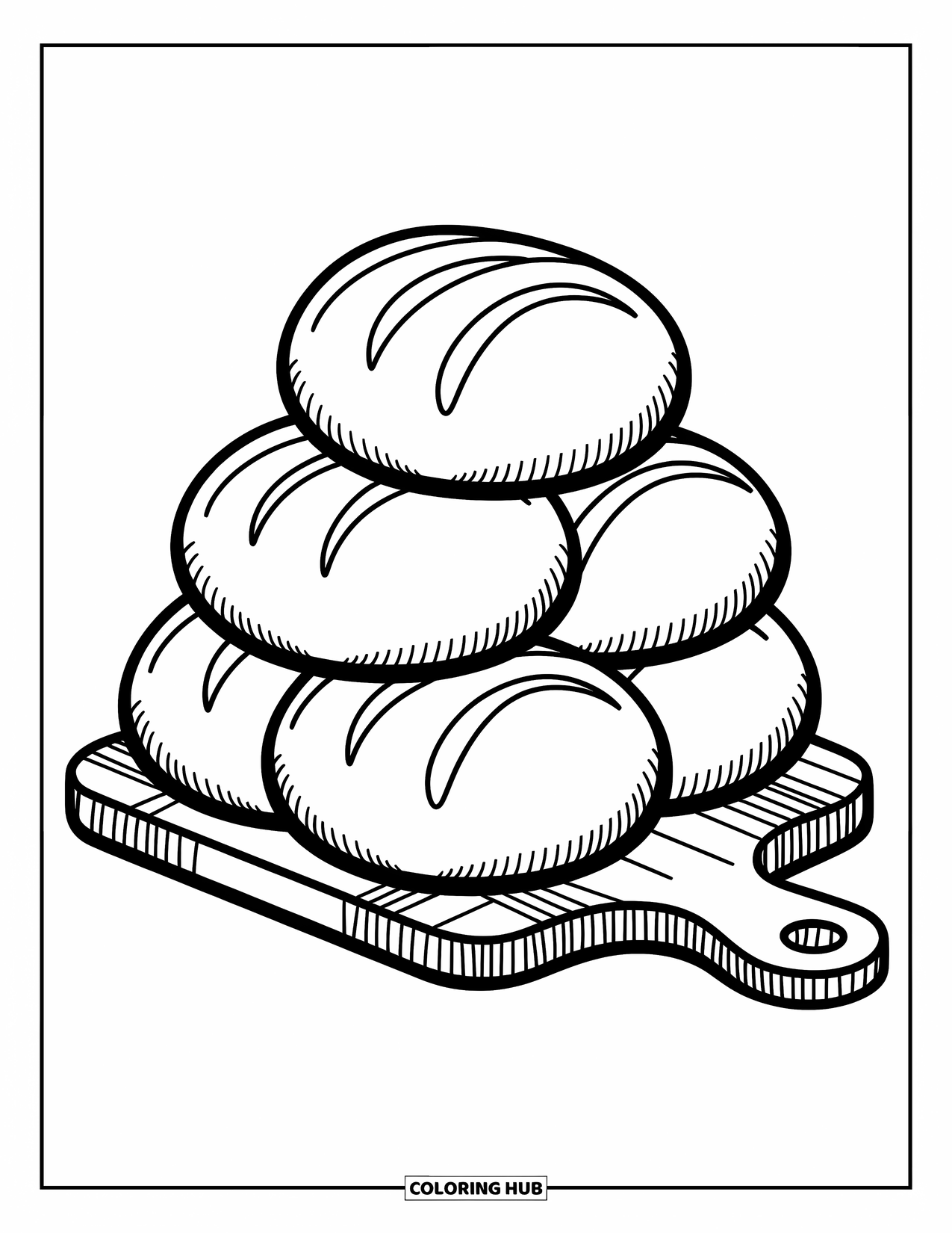 Desenho de outono para colorir para crianças: Uma pilha de pães repousa sobre uma tábua de corte de madeira com texturas divertidas