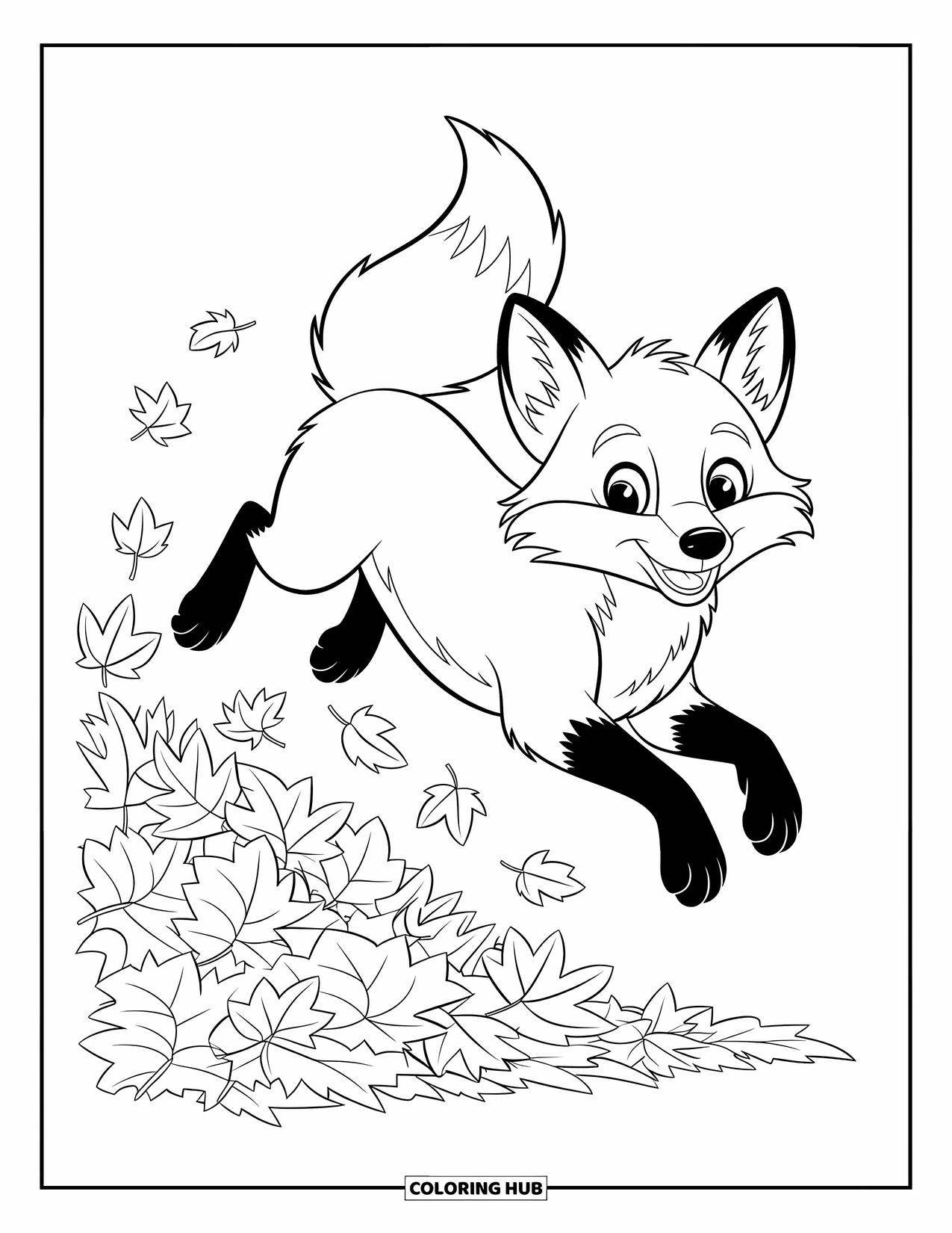 Desenho de outono para colorir para crianças: Uma raposa brincalhona pula em uma pilha de folhas de outono rodopiantes