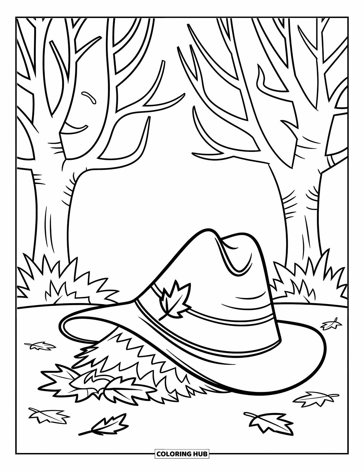 Desenho de outono para colorir para crianças: Um chapéu divertido e folhas repousando no chão em uma brisa
