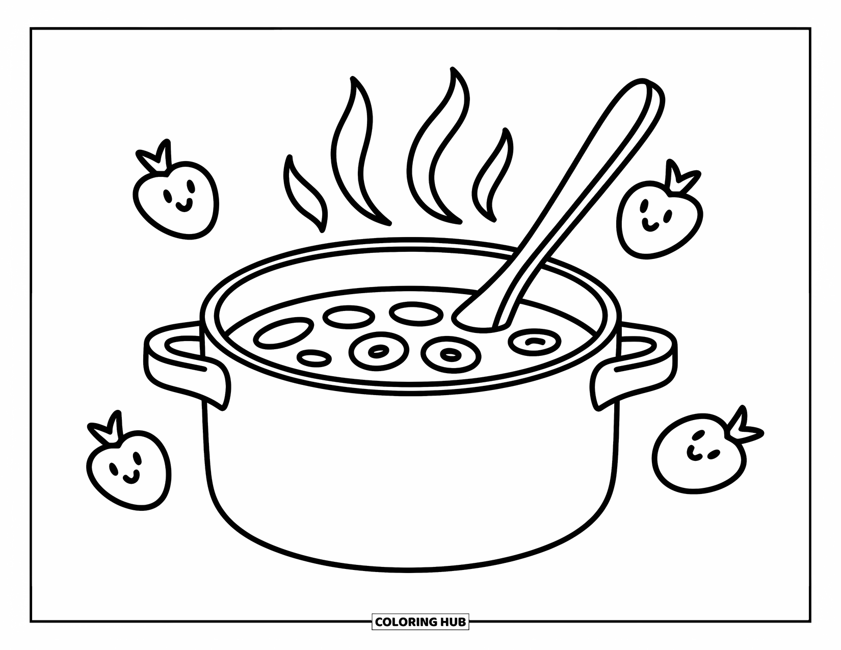 Desenho de outono para colorir para crianças: Uma panela divertida de sopa com vapor subindo e vegetais sorridentes flutuando