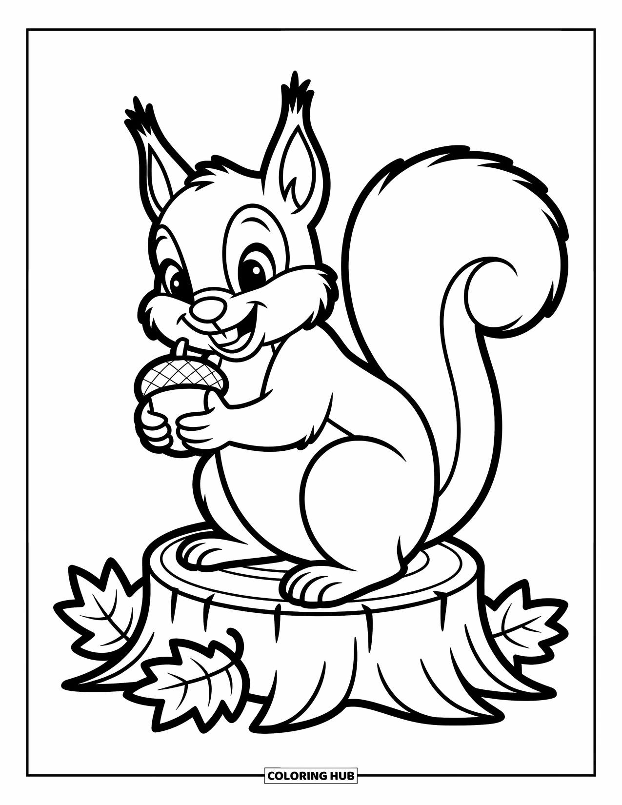 Desenho de outono para colorir para crianças: Um esquilo brincalhão abraça uma bolota, empoleirado em um toco com folhas