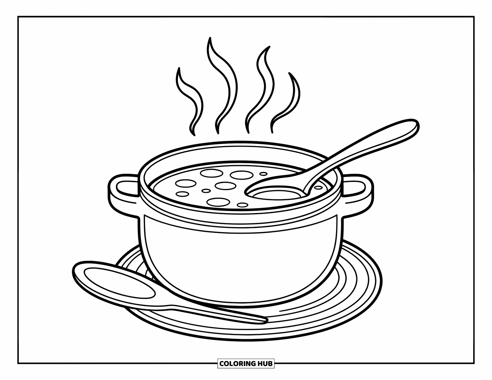 Desenho de outono para colorir para crianças: Uma panela de sopa senta-se quente e convidativa com uma colher de madeira