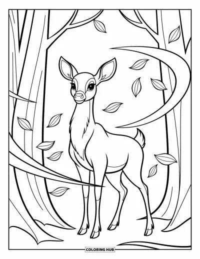 Autumn Coloring Page for Kids: A proud deer stands among trees with swirling leaves adding movement to the scene