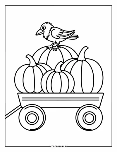 Autumn Coloring Page for Kids: A pumpkin-filled wagon with a curious crow perched on top