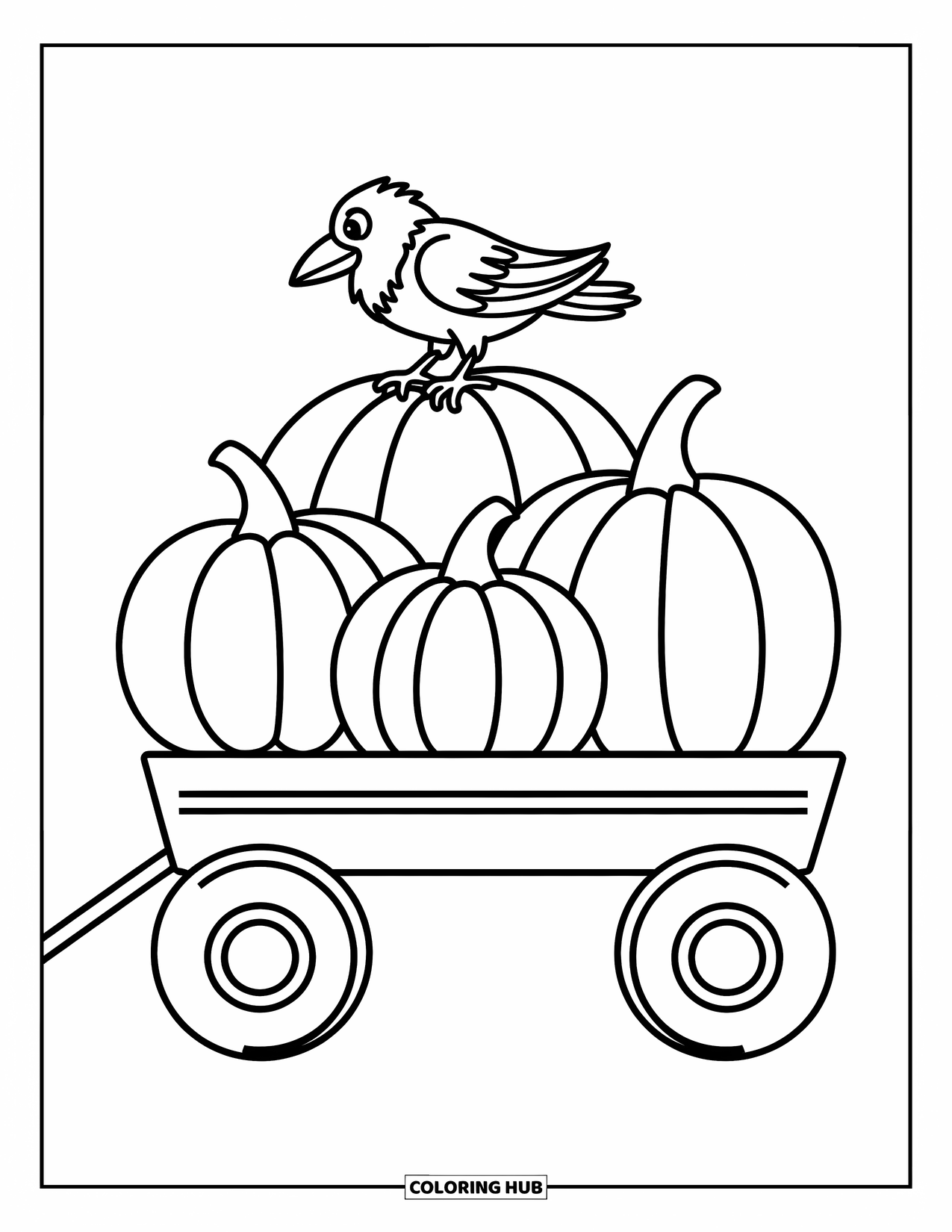 Desenho de outono para colorir para crianças: Uma carroça cheia de abóboras com um corvo curioso empoleirado em cima