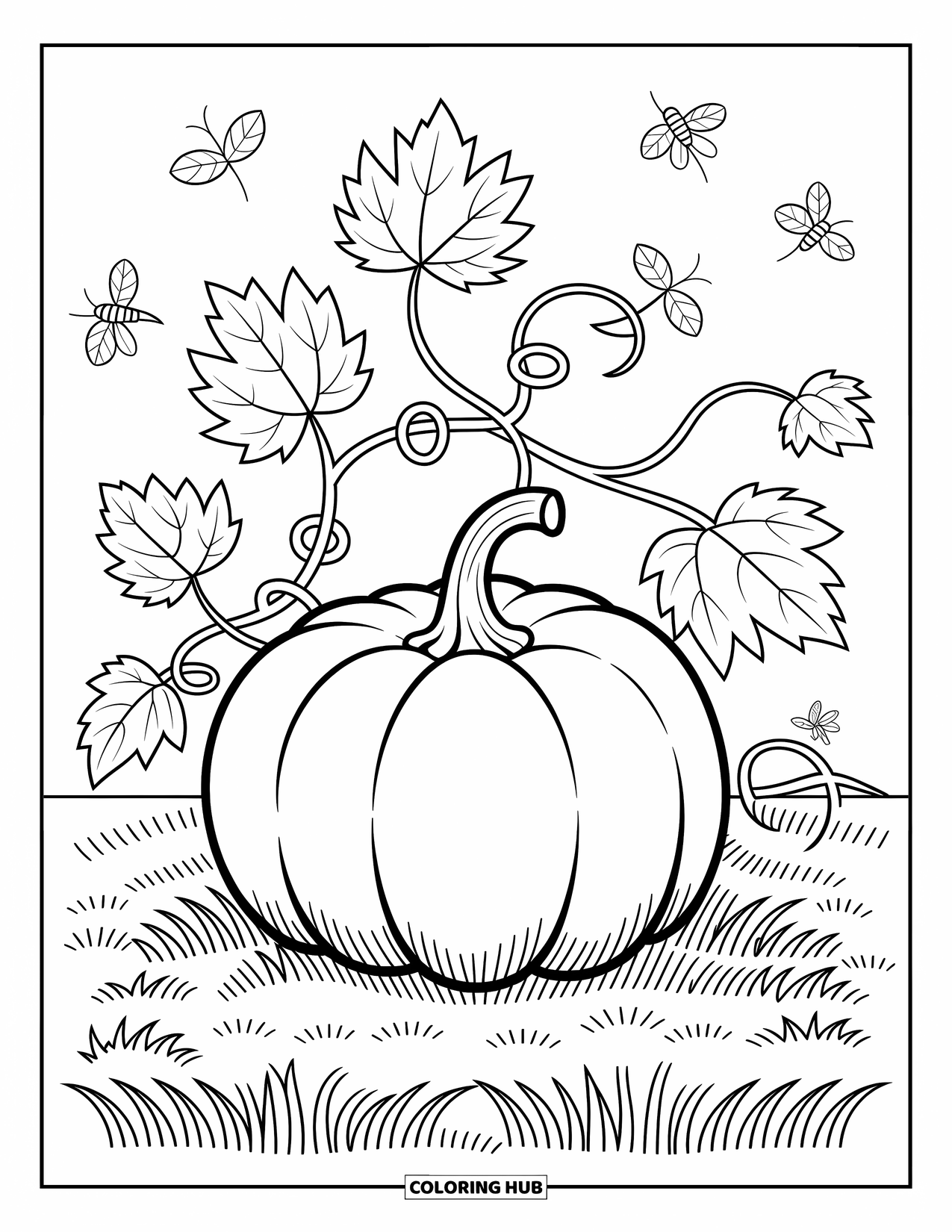 Desenho de outono para colorir para crianças: Uma abóbora em seu cipó senta-se em um campo com folhas encaracoladas e detalhes divertidos