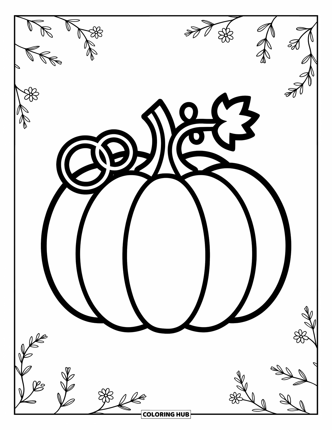 Desenho de outono para colorir para crianças: Uma abóbora com um cipó e folha, cheia de charme divertido