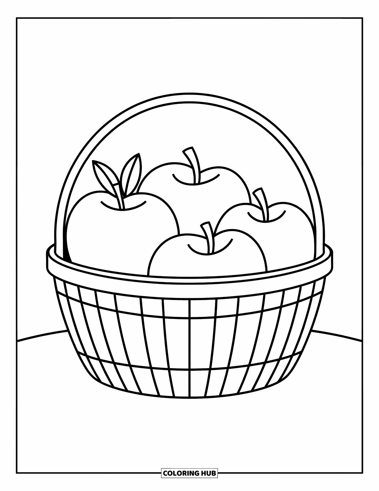 Desenho de outono para colorir para crianças: Uma cesta redonda segura maçãs, com uma folha espreitando de forma divertida