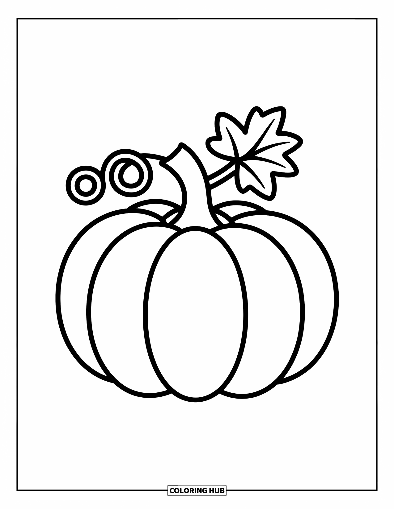 Desenho de outono para colorir para crianças: Uma abóbora redonda com um cipó encaracolado e uma pequena folha