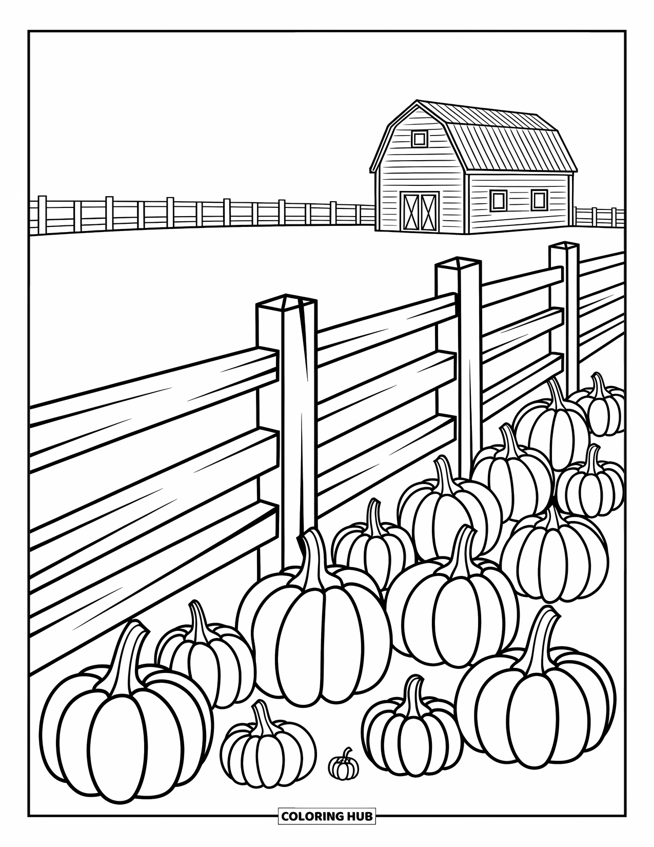 Desenho de outono para colorir para crianças: Uma cerca rústica guia a vista em direção a um campo de abóboras e um celeiro distante