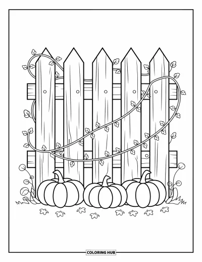 Autumn Coloring Page for Kids: A rustic fence with pumpkins and twisting vines around it