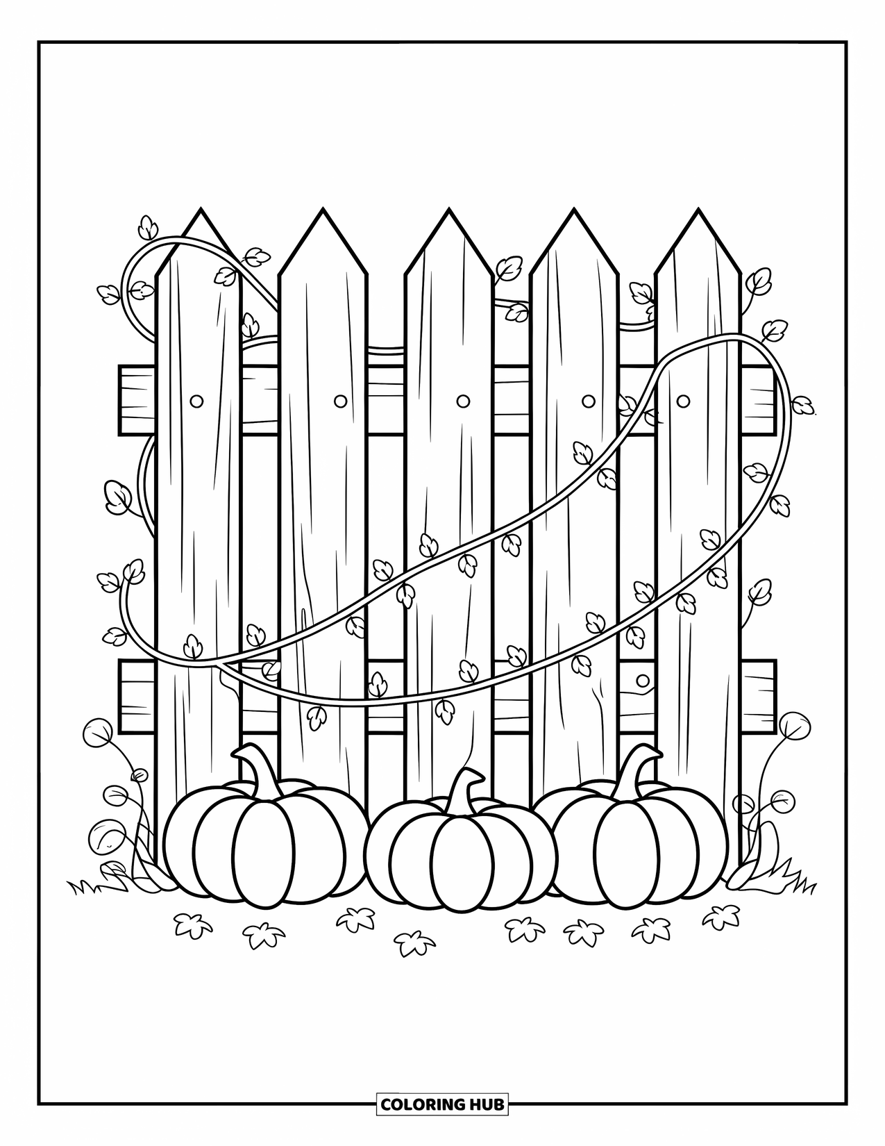 Desenho de outono para colorir para crianças: Uma cerca rústica com abóboras e cipós retorcidos ao redor