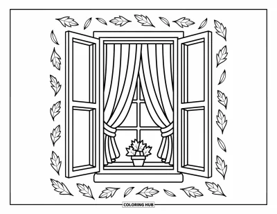 Autumn Coloring Page for Kids: A rustic window frame with an open curtain revealing a small plant inside