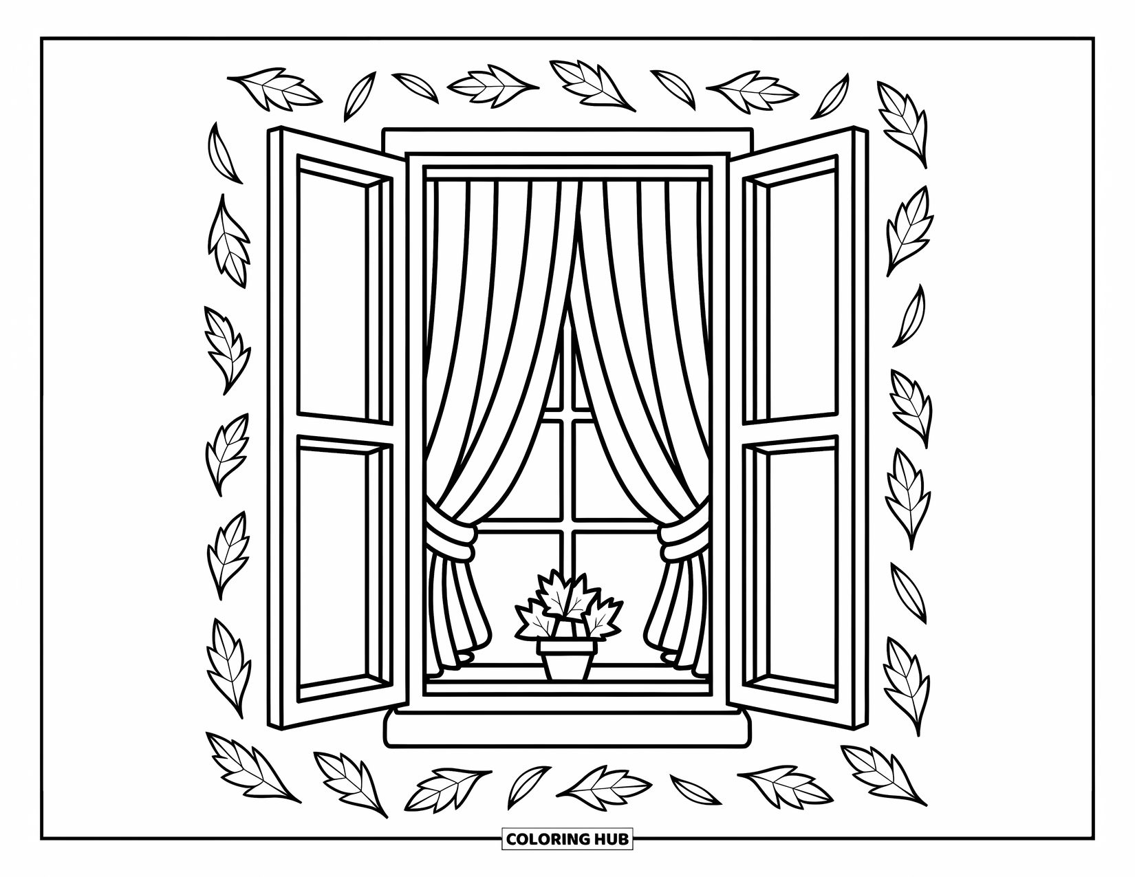 Desenho de outono para colorir para crianças: Uma moldura de janela rústica com uma cortina aberta revelando uma pequena planta dentro