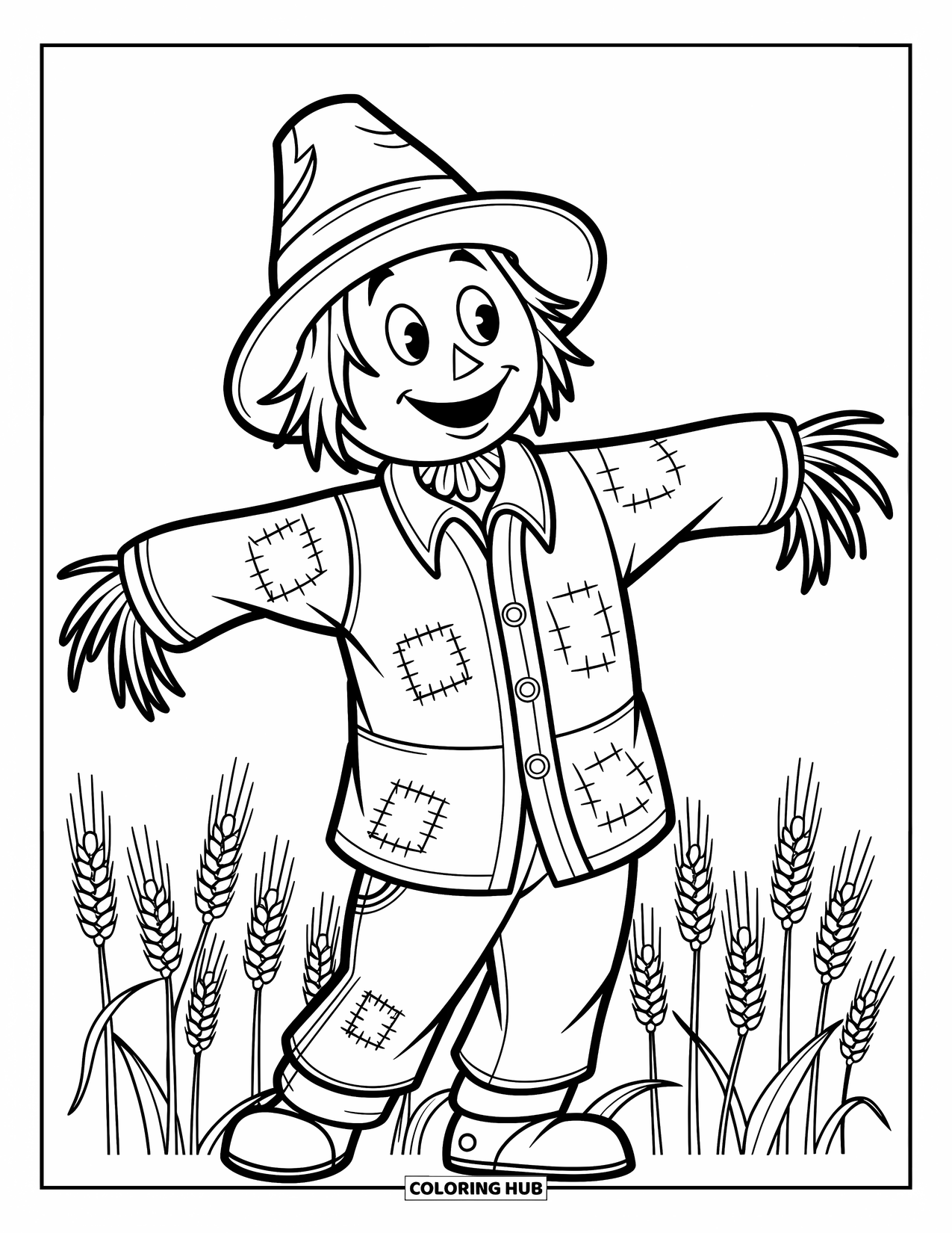Desenho de outono para colorir para crianças: Um espantalho com um rosto inclinado fica em campos de trigo com folhas rodopiantes ao redor