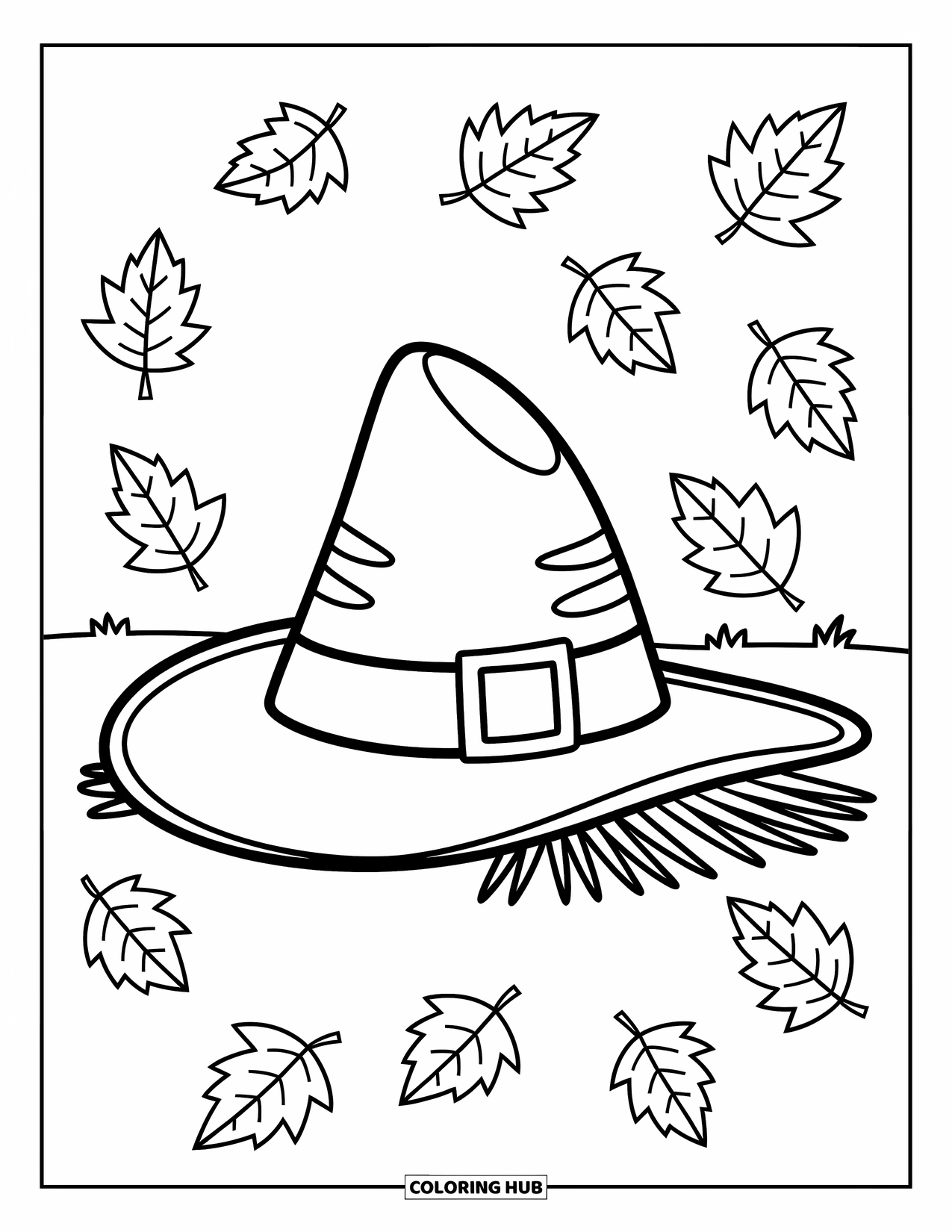 Desenho de outono para colorir para crianças: O chapéu de um espantalho repousa no chão ao lado de folhas divertidas