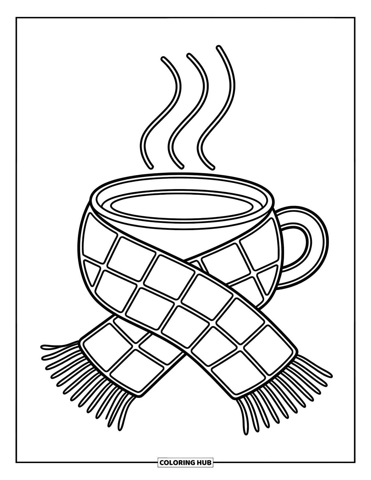 Desenho de outono para colorir para crianças: Um cachecol abraça uma xícara, com vapor lúdico enrolando-se acima