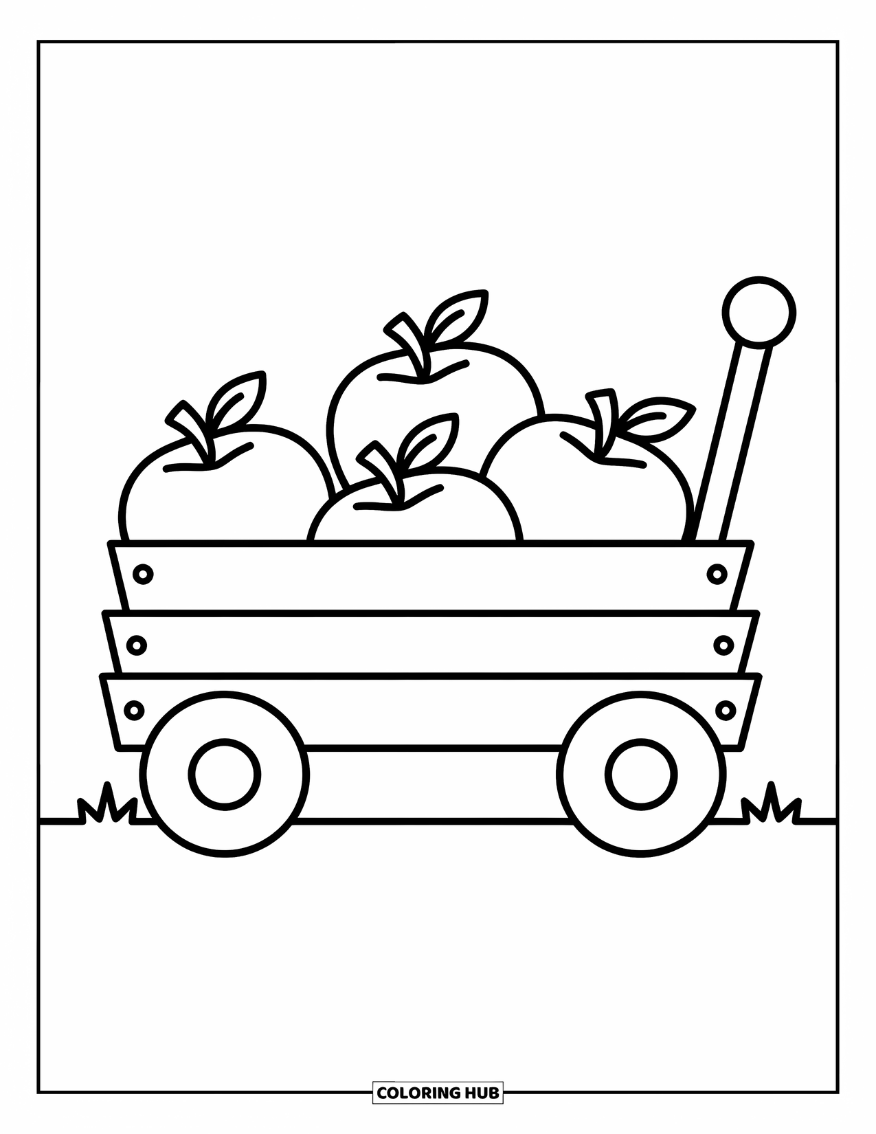 Desenho de outono para colorir para crianças: Uma carroça simples repleta de maçãs, cercada por charme divertido