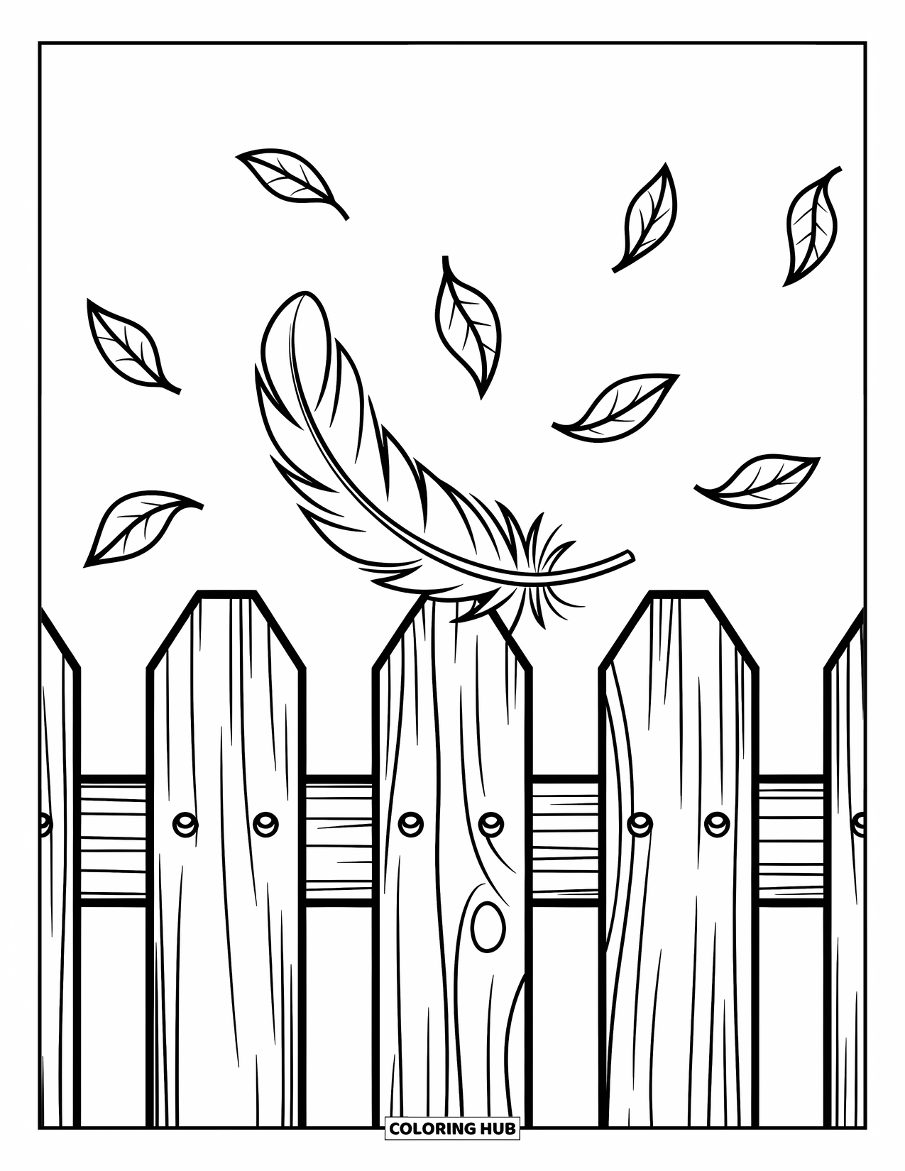 Desenho de outono para colorir para crianças: Uma única pena repousa sobre uma cerca de madeira com folhas dançando ao redor