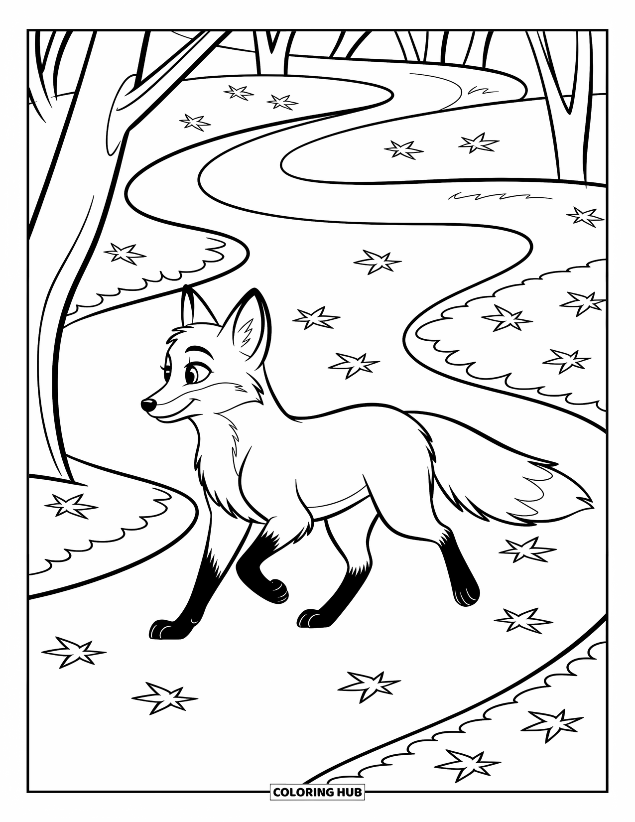 Desenho de outono para colorir para crianças: Uma raposa elegante caminha por um caminho sinuoso na floresta com folhas espalhadas ao redor