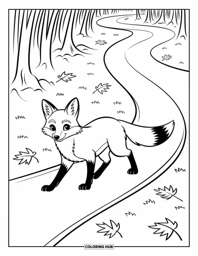 Autumn Coloring Page for Kids: A sleek fox walks down a winding forest trail surrounded by scattered leaves