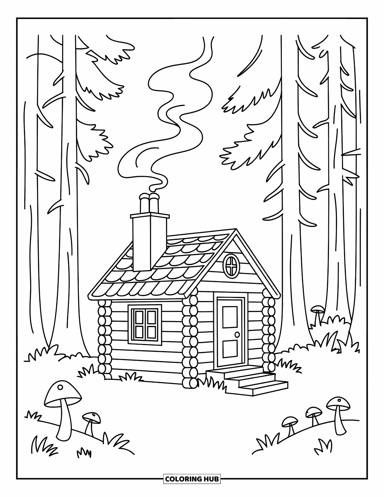 Desenho de outono para colorir para crianças: Uma pequena cabana de toras aninhada entre árvores altas com fumaça saindo da chaminé