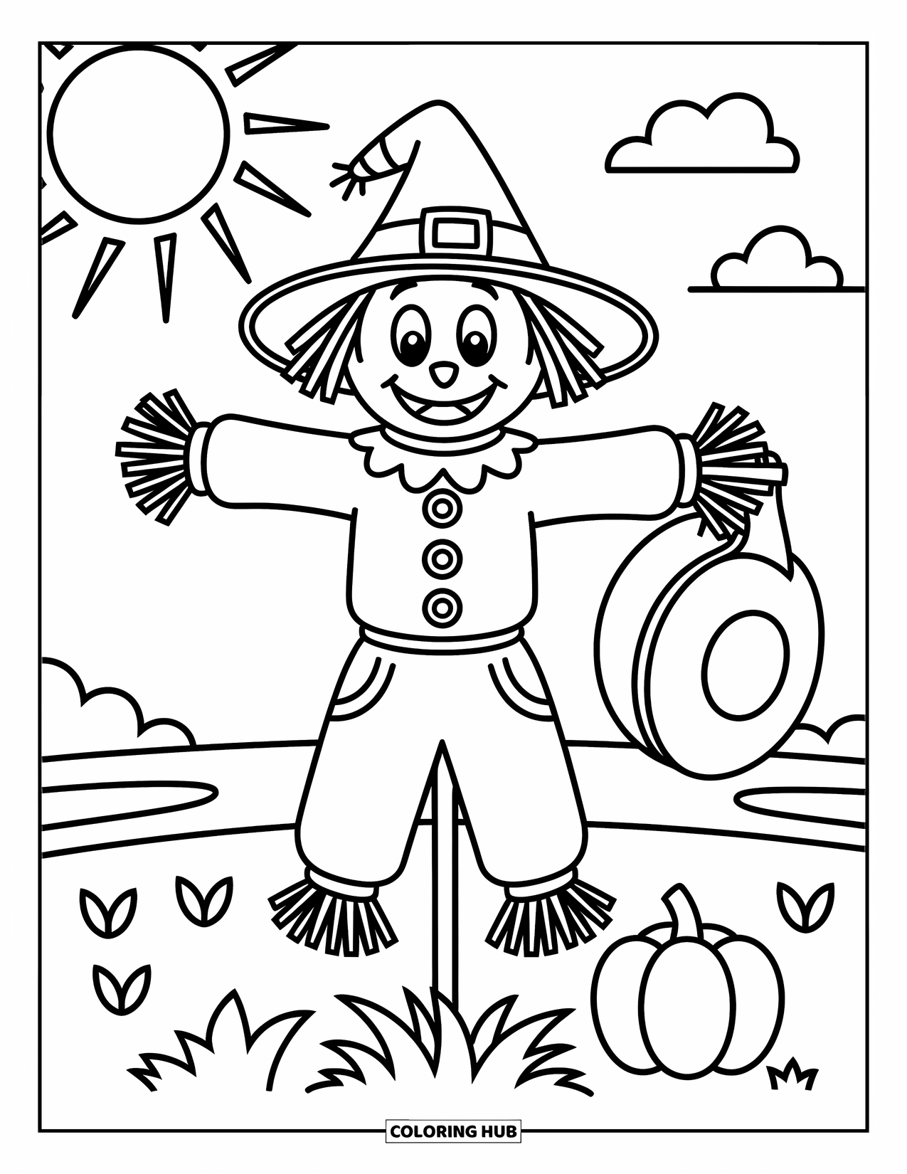 Desenho de outono para colorir para crianças: Um espantalho sorridente em um campo segurando um chapéu mole