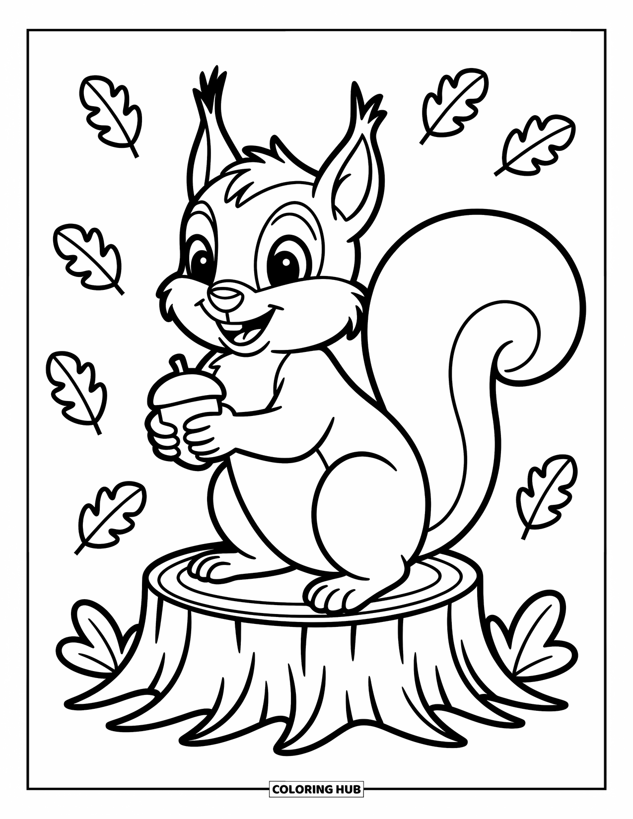 Desenho de outono para colorir para crianças: Um esquilo sorridente em um toco segura uma bolota com folhas por perto