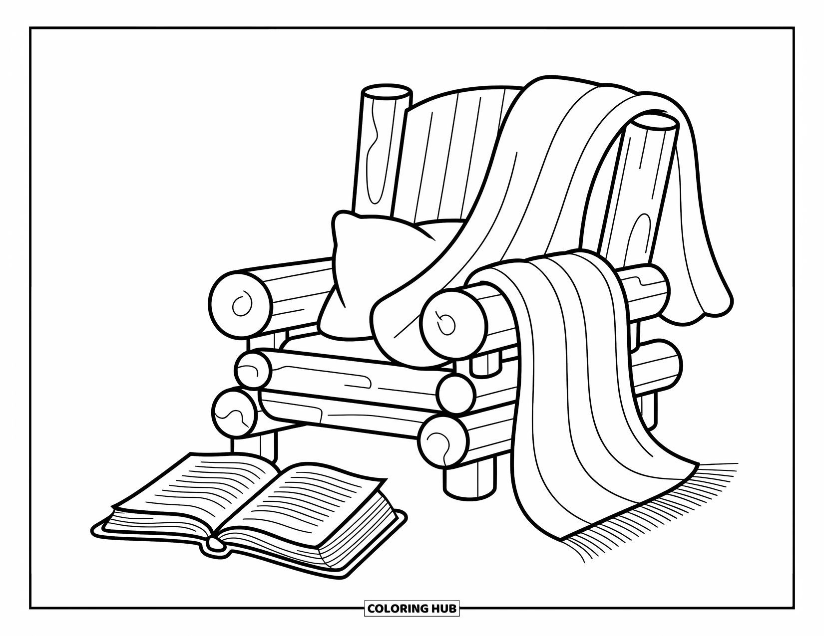 Desenho de outono para colorir para crianças: Uma manta macia jogada sobre um tronco com um livro por perto