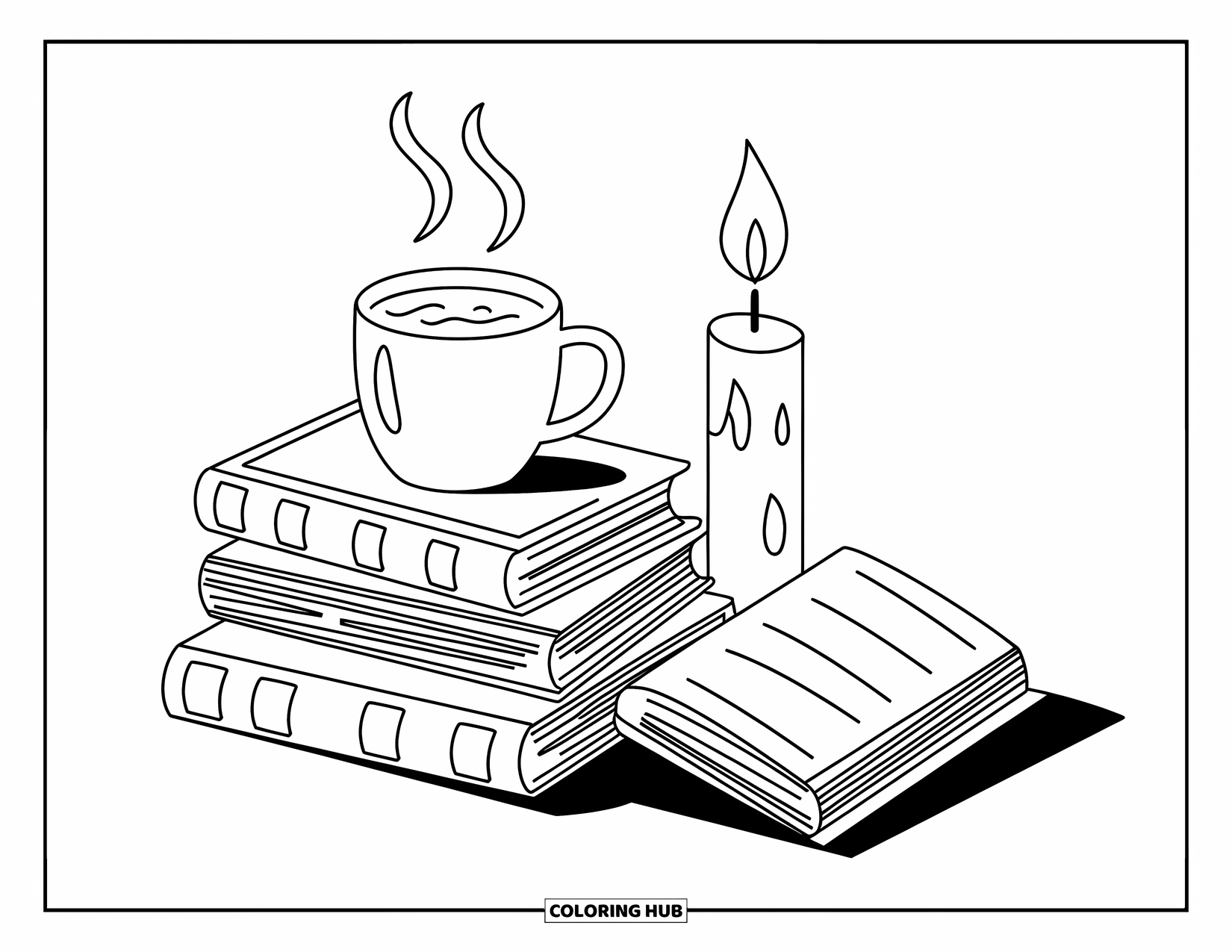 Desenho de outono para colorir para crianças: Uma pilha de livros com uma bebida quente em cima e uma vela ao lado deles