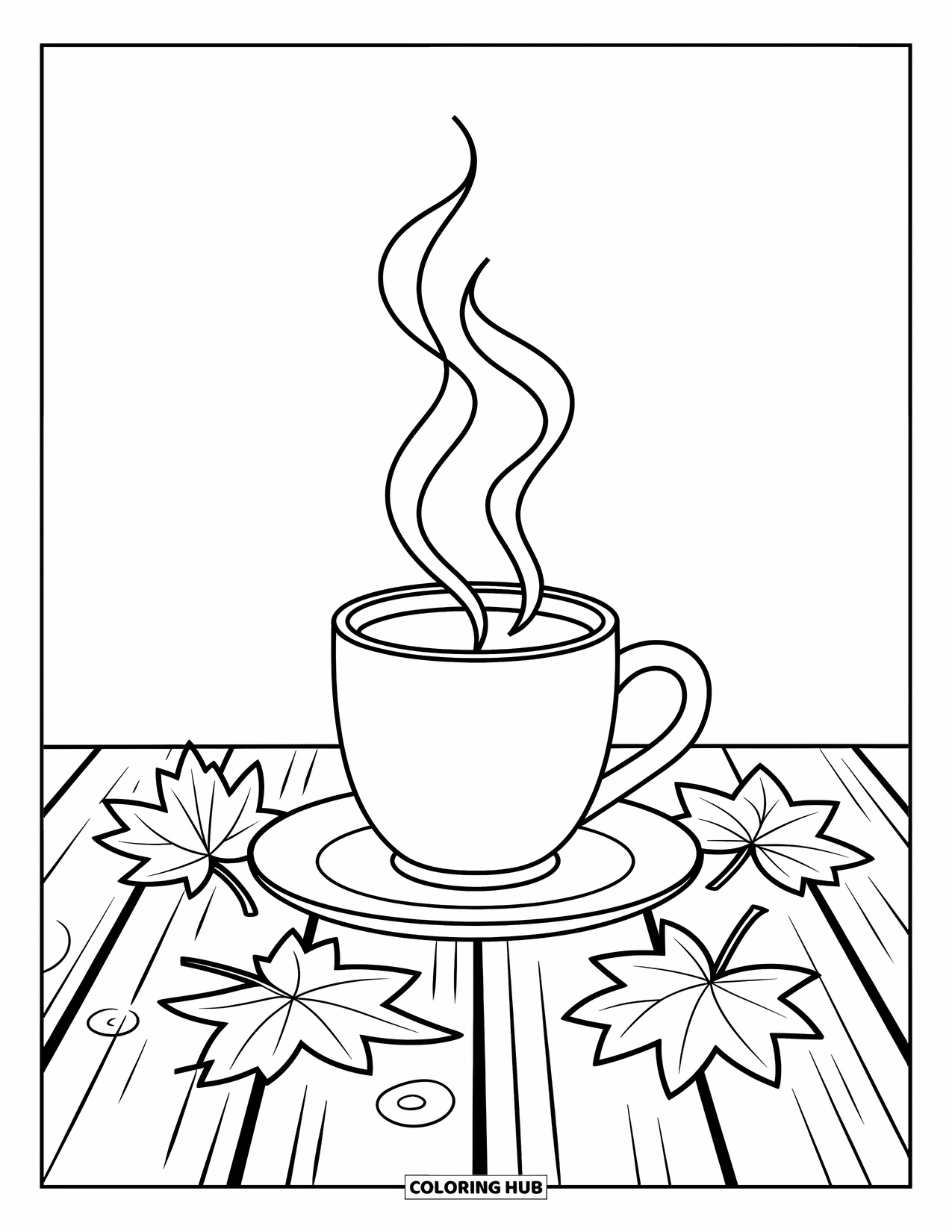 Desenho de outono para colorir para crianças: Uma xícara fumegante de cidra senta-se em uma mesa de madeira com folhas de outono espalhadas