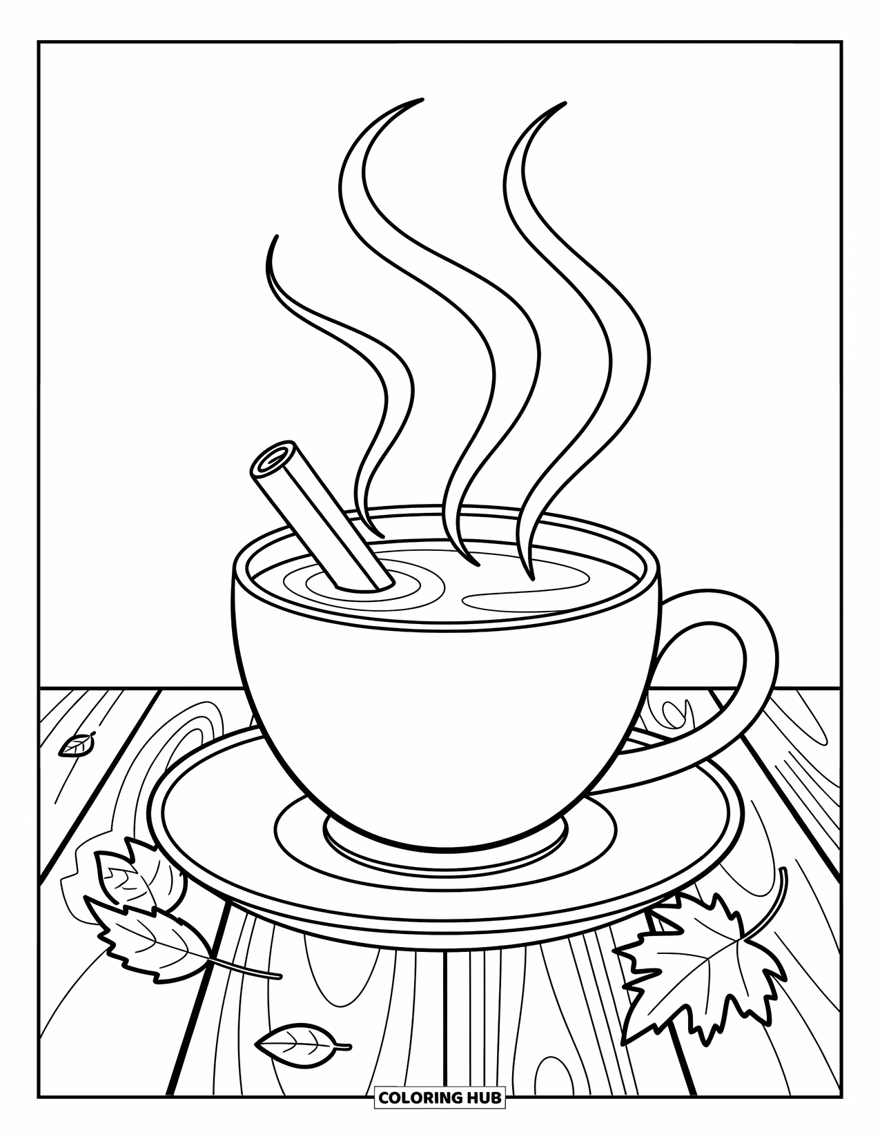 Desenho de outono para colorir para crianças: Uma xícara fumegante de cidra com um pau de canela em uma mesa rústica