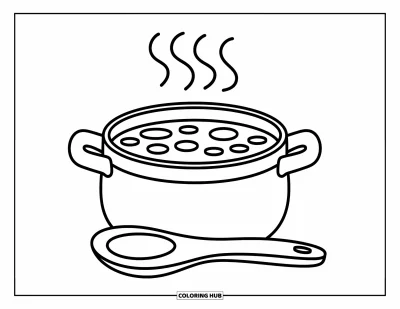 Autumn Coloring Page for Kids: A steaming pot of soup with a wooden spoon resting beside it