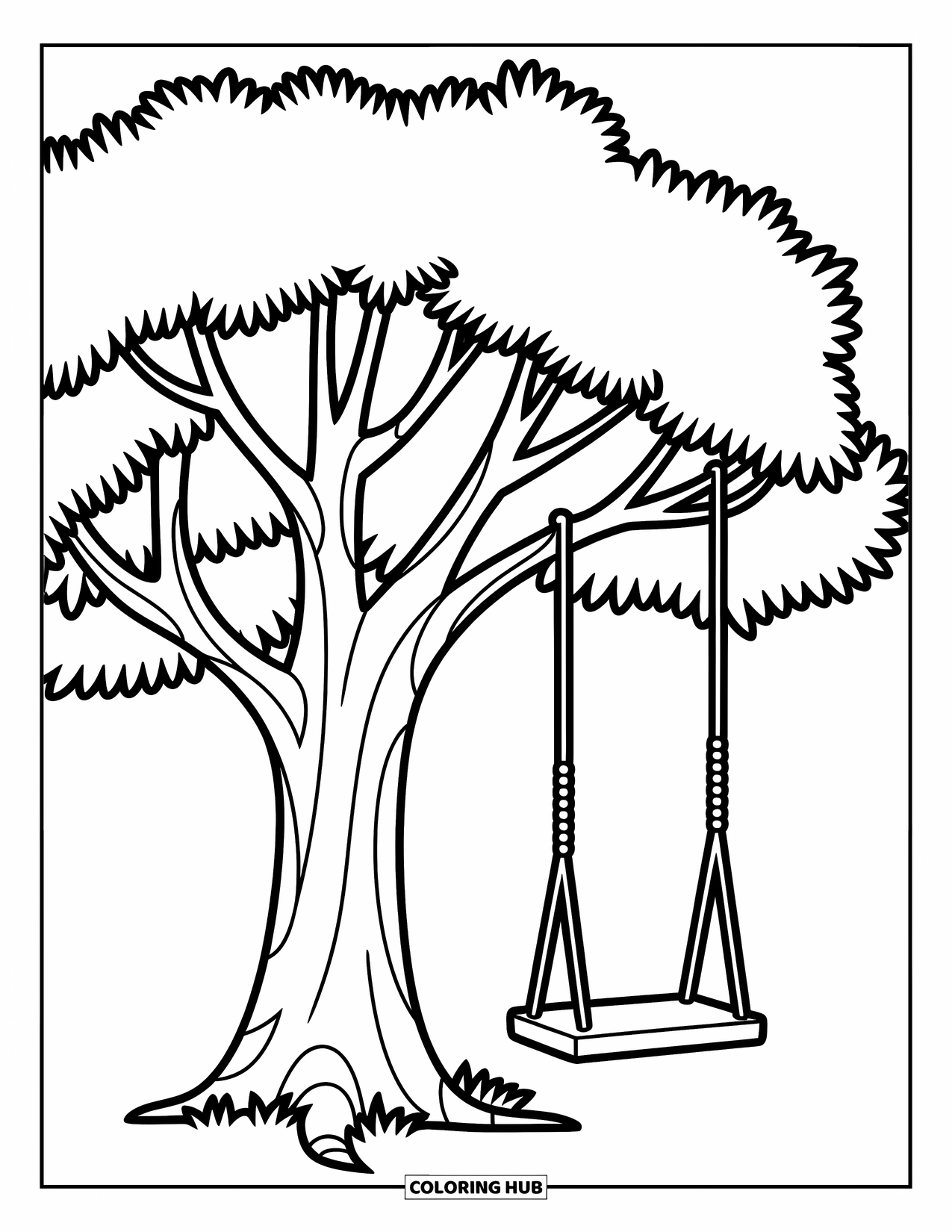 Desenho de outono para colorir para crianças: Uma árvore robusta com um balanço, convidando pequenas imaginações para brincar
