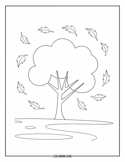 Autumn Coloring Page for Kids: A sturdy tree with falling leaves dancing around its roots