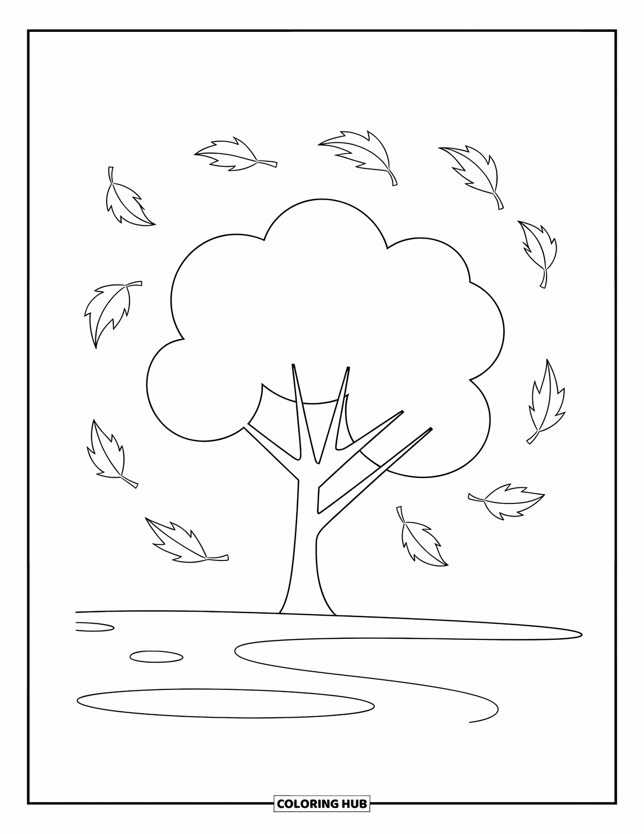 Desenho de outono para colorir para crianças: Uma árvore resistente com folhas caindo dançando ao redor de suas raízes