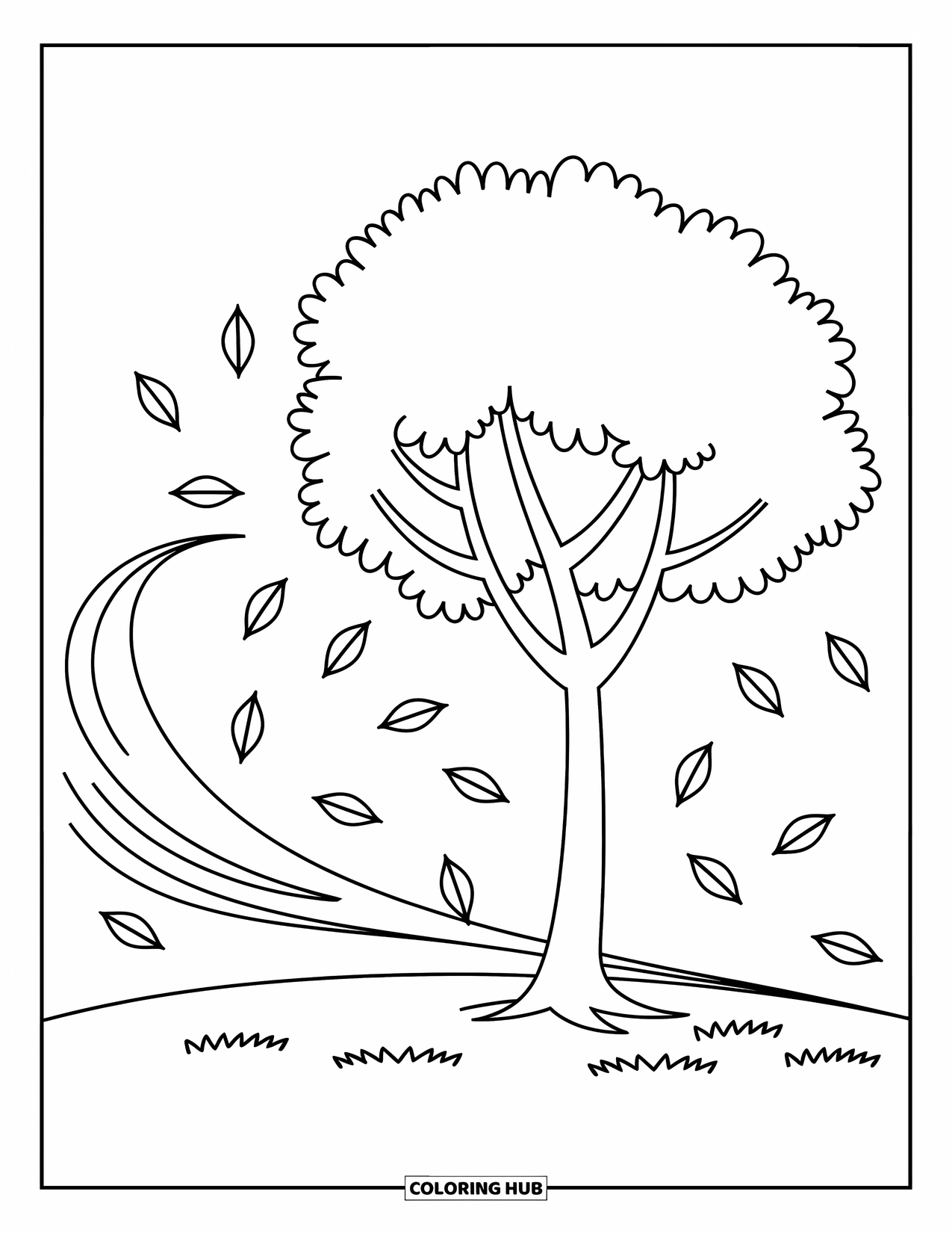 Desenho de outono para colorir para crianças: Uma árvore alta com folhas rodopiando suavemente ao redor de seu tronco
