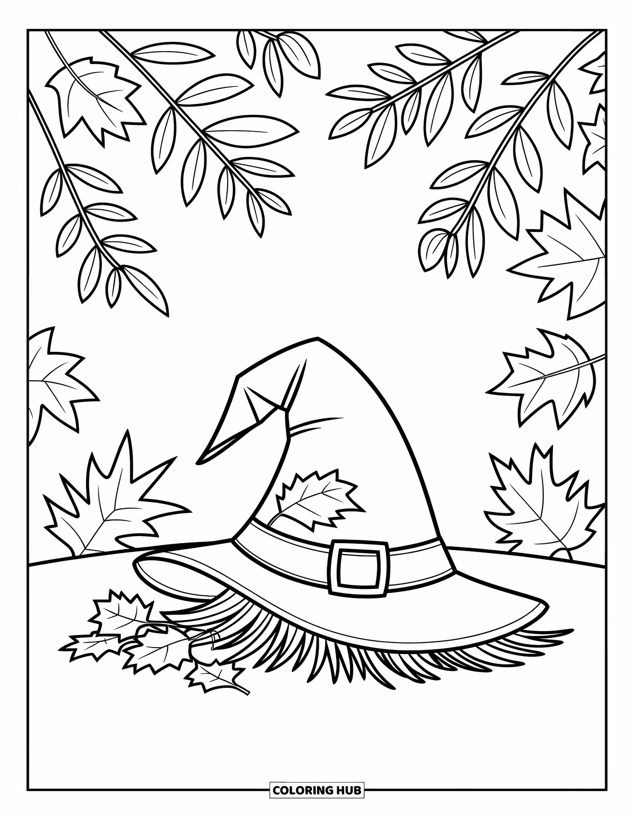 Desenho de outono para colorir para crianças: Um chapéu inclinado no chão com folhas espalhadas por perto