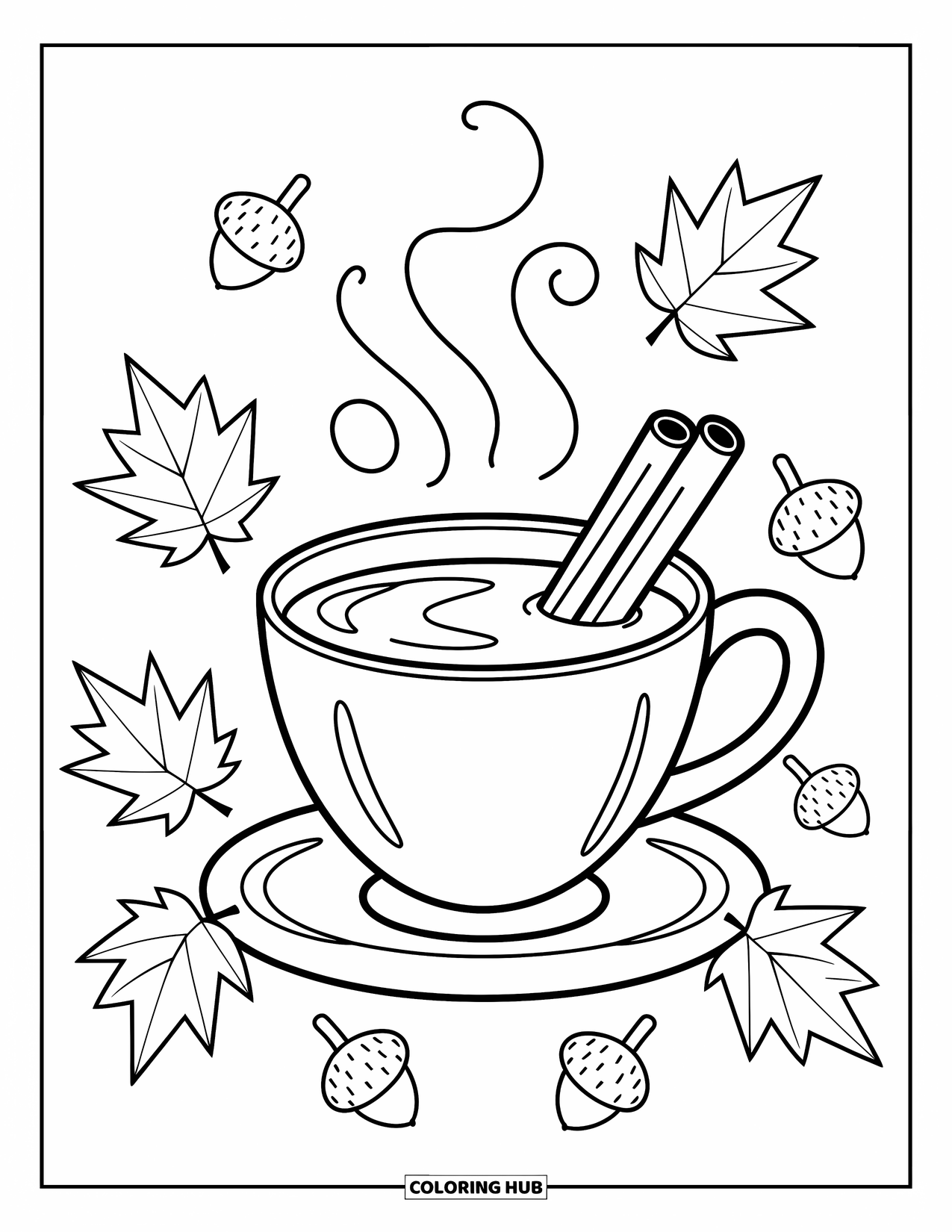 Desenho de outono para colorir para crianças: Uma pequena cabana de toras cercada por árvores e detalhes caprichosos da floresta