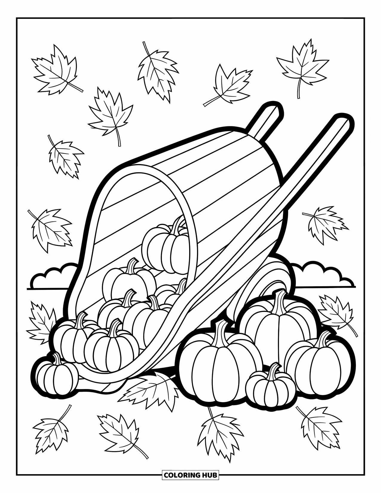 Desenho de outono para colorir para crianças: Um carrinho de mão tombado derrama maçãs e abóboras cercado por folhas rodopiantes