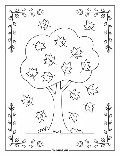 Autumn Coloring Page for Kids: A tree with outstretched branches and swirling leaves at its base