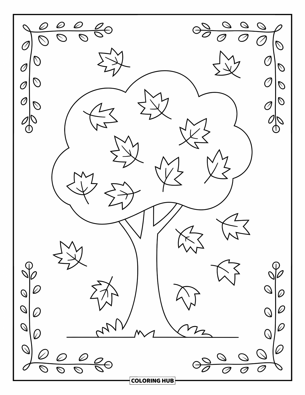 Desenho de outono para colorir para crianças: Uma árvore com galhos estendidos e folhas rodopiantes em sua base