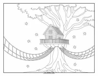 Autumn Coloring Page for Kids: A treehouse nestled among tall branches with falling leaves all around