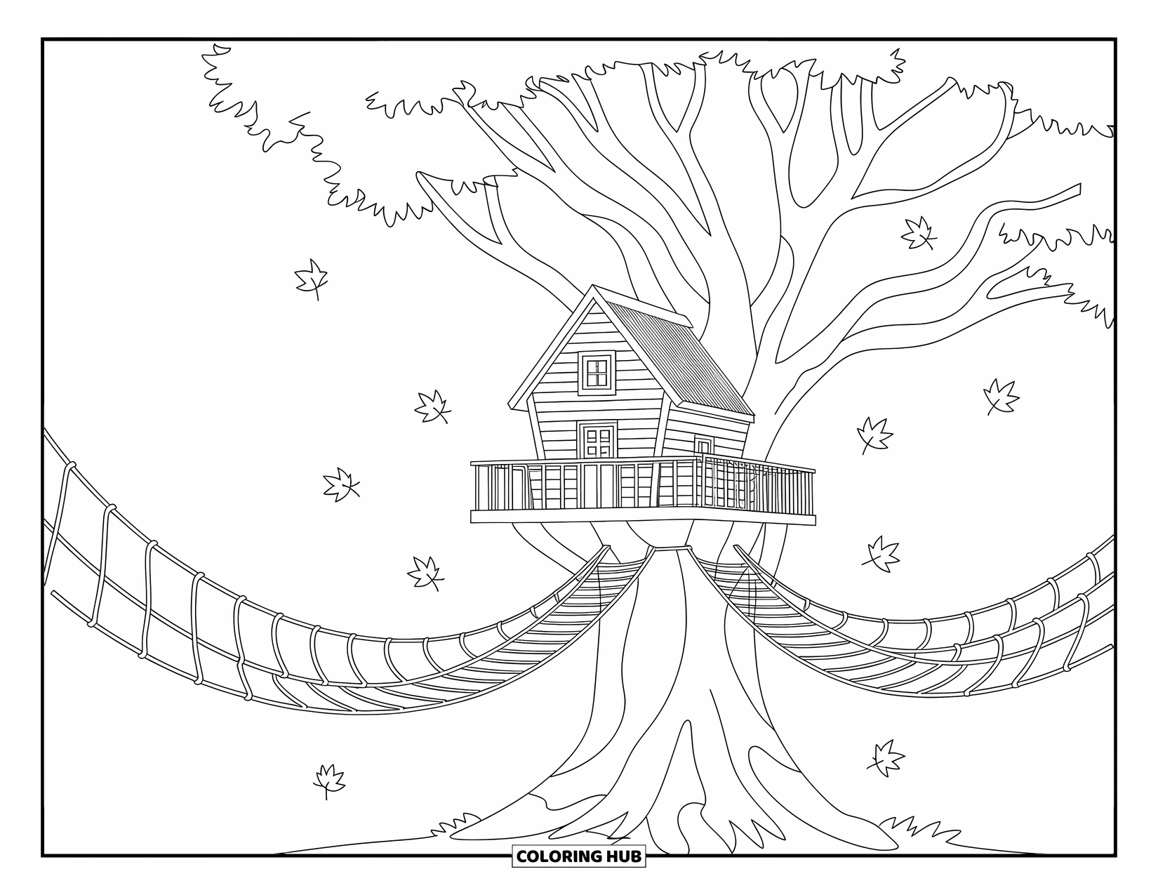 Desenho de outono para colorir para crianças: Uma casa na árvore aninhada entre galhos altos com folhas caindo ao redor
