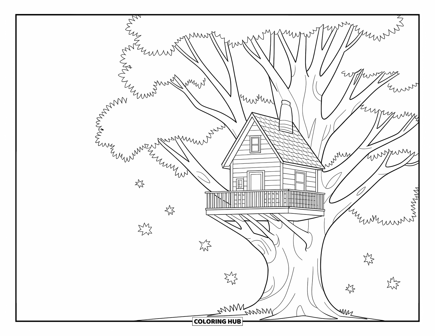 Desenho de outono para colorir para crianças: Uma casa na árvore empoleirada em uma árvore alta com folhas divertidas e galhos intrincados