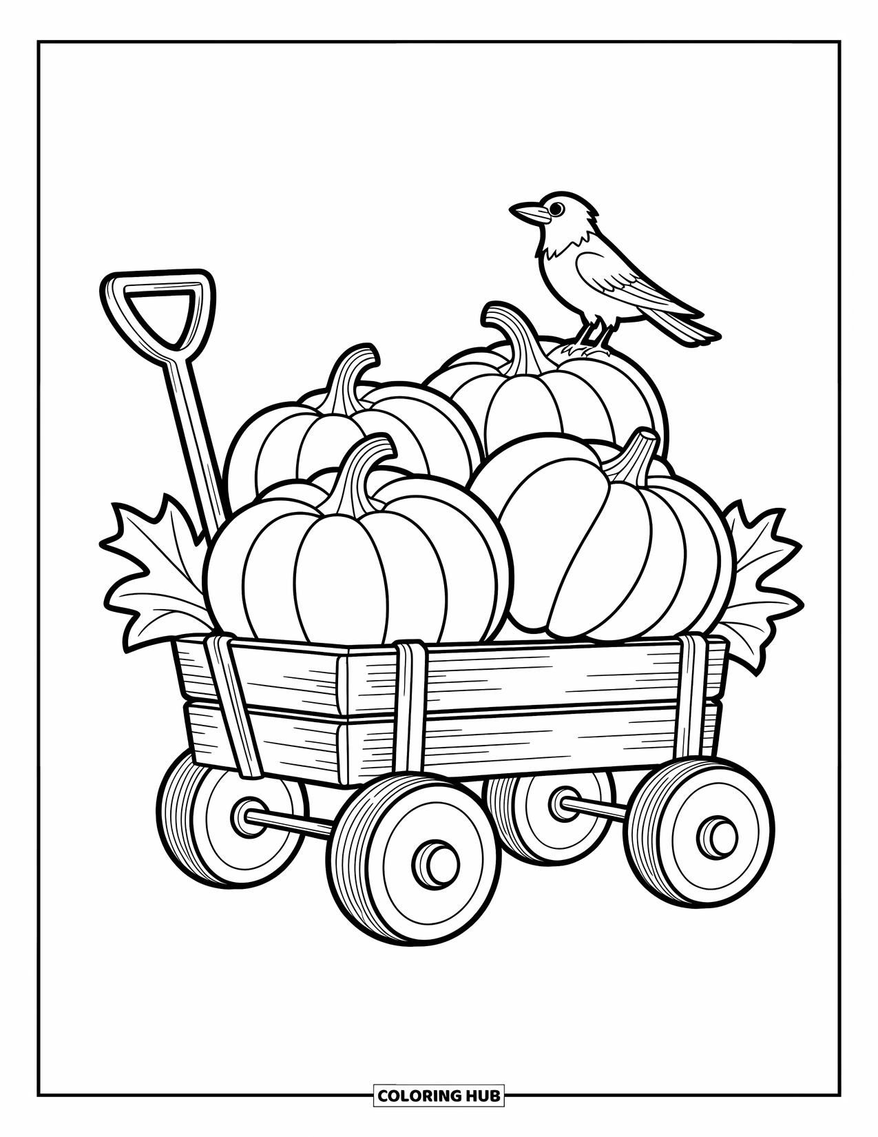 Desenho de outono para colorir para crianças: Uma carroça repleta de abóboras e um pequeno corvo observando por perto