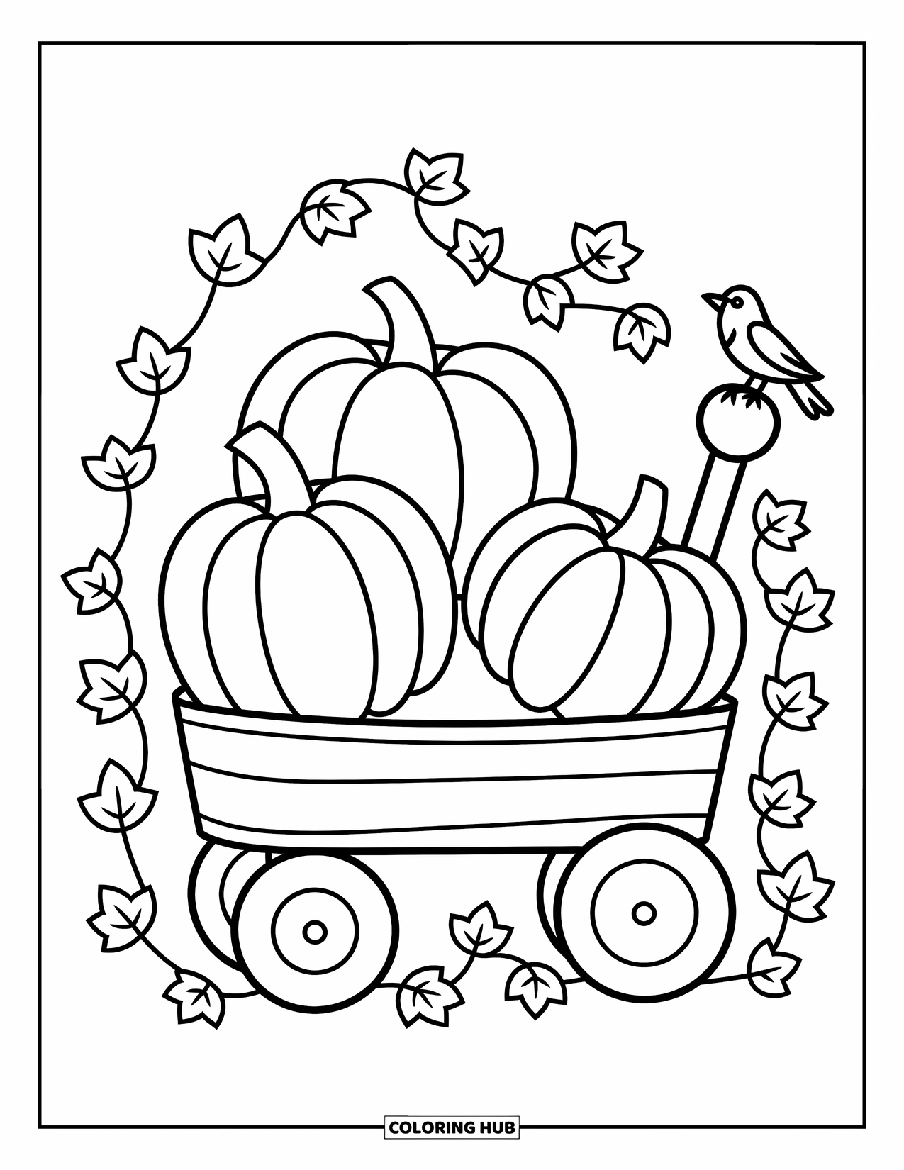 Desenho de outono para colorir para crianças: Uma carroça cheia de abóboras com um pequeno corvo na alça