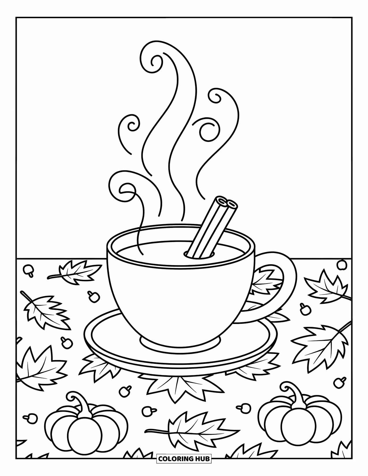 Desenho de outono para colorir para crianças: Uma xícara quente de cidra em uma toalha de mesa com folhas e abóboras