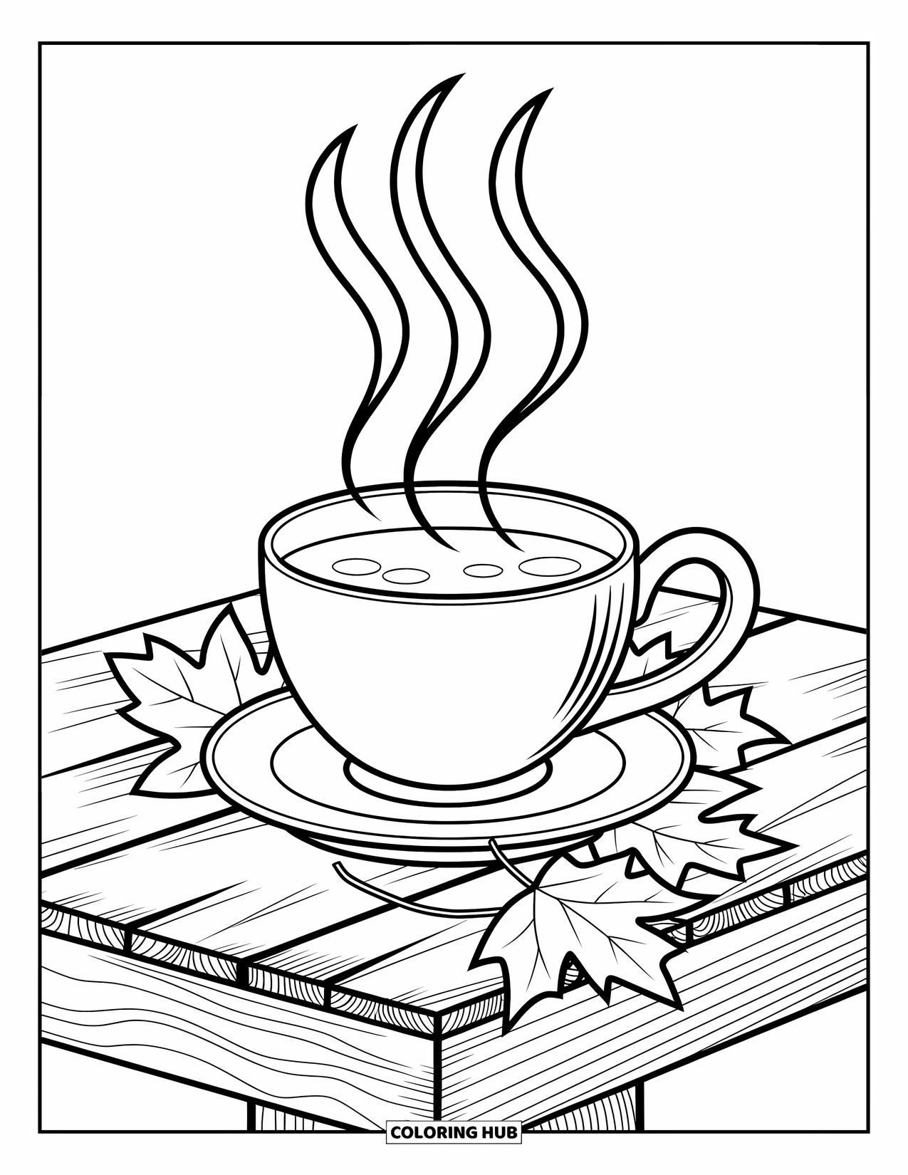 Desenho de outono para colorir para crianças: Uma xícara quente de cidra em uma mesa de madeira com folhas de outono lúdicas