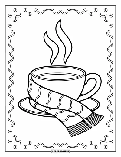 Autumn Coloring Page for Kids: A warm scarf wrapped around a cup with steam rising gently